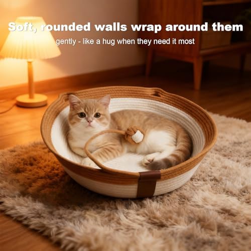 Instinct Basket,Stimulicat Cat Bed,Stimulicat Cat Bed Rope Cotton with Cushion,Eliminates Bed Rejection Round Pet Basket,Boho Catbed for Cats Handwoven Scratchable Breathable Weave (White, Large)