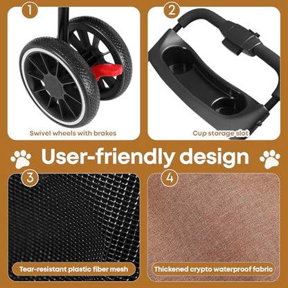 Pet Stroller,Dog Stroller for Small Medium Dogs Cats,3 Wheels,Deep Brown
