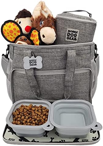Mobile Dog Gear, Week Away Dog Travel Bag for Medium and Large Dogs, Includes 2 Lined Food Carriers and 2 Collapsible Dog Bowl, Meets Airline Requirements, Heathered Gray
