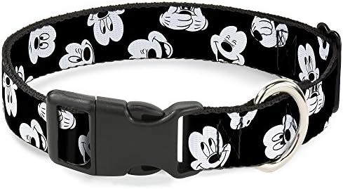 Buckle-Down Plastic Clip Collar - Mickey Mouse Expressions Scattered Black/White - 1.5" Wide - Fits 18-32" Neck - Large