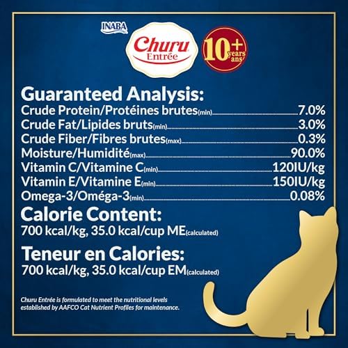 INABA Churu Entrée Bisque for Senior Cats, High Protein & Moisture, Prebiotic Wet Cat Food, 1.76oz. per Serving, 48 Pouches, Chicken with Tuna Recipe