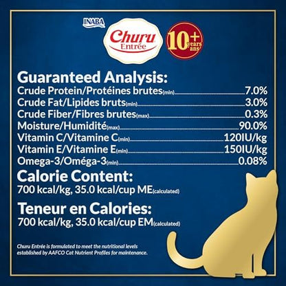 INABA Churu Entrée Bisque for Senior Cats, High Protein & Moisture, Prebiotic Wet Cat Food, 1.76oz. per Serving, 48 Pouches, Chicken with Tuna Recipe