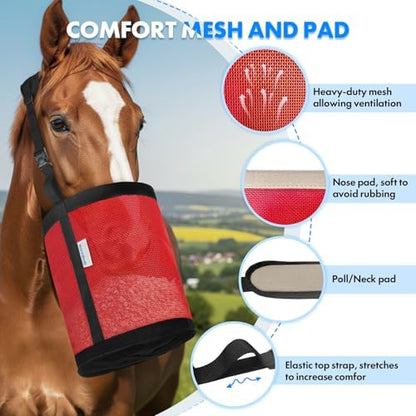 Horse Feed Bag Pack of 2 (Reinforced Bottom Edging), Feed Bags for Horses with Ventilation Mesh, Comfort Nose Pad Neck Pad, Adjustable Strap, Spill Proof Design for Feeding Grain, Supplements