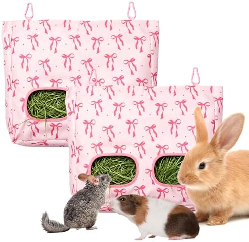 JarThenaAMCS 2Pcs Rabbit Hay Feeder Bag with 2 Holes Pink Bow Guinea Pig Hanging Hay Feeding Bag Large Storage Dispenser for Chinchilla Hamster Bunny Small Animal Pet