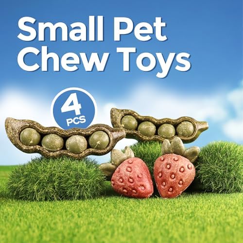TEEWY 4PCS Guinea Pig Toys, Prevent Teeth Overgrowth, Natural Vegetables and Timothy Grass, Hamster Chew Toys, Guinea Pig Chew Toys, Chinchilla Toys, Peapod and Stawberry Chew Toy Set