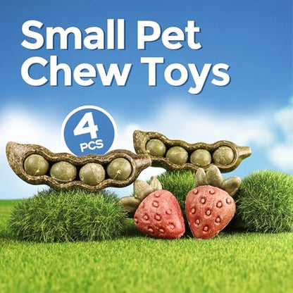 TEEWY 4PCS Guinea Pig Toys, Prevent Teeth Overgrowth, Natural Vegetables and Timothy Grass, Hamster Chew Toys, Guinea Pig Chew Toys, Chinchilla Toys, Peapod and Stawberry Chew Toy Set