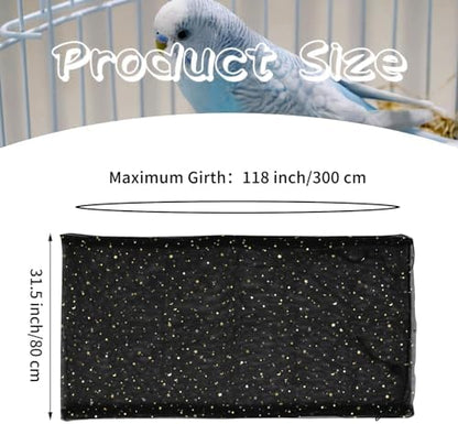 Daoeny Bird Cage Seed Catcher, Large Bird Cage Cover, Adjustable Soft Airy Nylon Mesh Net, Birdcage Cover Skirt Seed Guard for Parrot Parakeet Macaw African Round Square Cages (Black, Sequins Star)