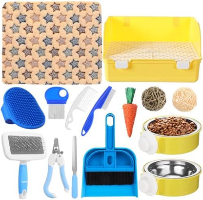 Reallnaive 15 Pcs Rabbit Starter Kit Small Rabbit Litter Box Girls Gift Animal Grooming Kit Bunny Toys Bowl Blankets with Cleaning Set for Guinea Pig Accessories(Yellow)