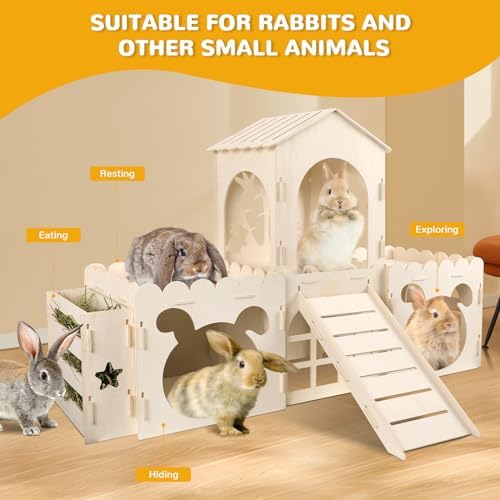 Extra Large Rabbit Castle, Wooden Bunny House & Hay Feeder, Detachable Rabbit Hideaway, Indoor Rabbit Castle with Ramp, Small Animal Houses & Habitats