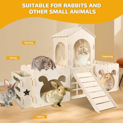 Extra Large Rabbit Castle, Wooden Bunny House & Hay Feeder, Detachable Rabbit Hideaway, Indoor Rabbit Castle with Ramp, Small Animal Houses & Habitats