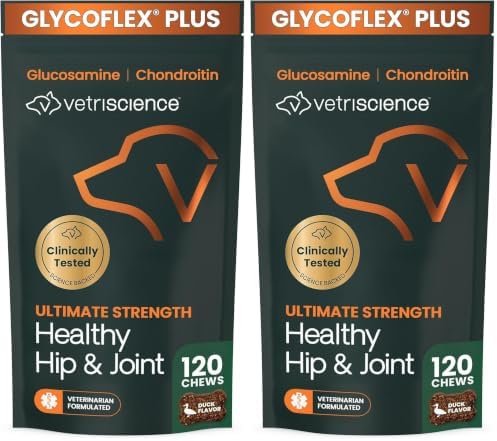 VetriScience Ultimate Strength Healthy Hip & Joint Chews, GlycoFlex Glucosamine, Chondroitin & GreenLipped Mussel Support Supplement for Dogs, Soothe Joint Discomfort, Duck,120 Ct (Pack of 2)