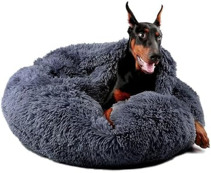 Himax Covered Large Dog Bed with Blanket Attached Calming Burrow Deep Grey