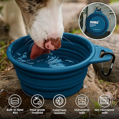 OHMO Large Collapsible Dog Bowls, Steel Rim, 27oz, 2pcs, Dark&Light Blue