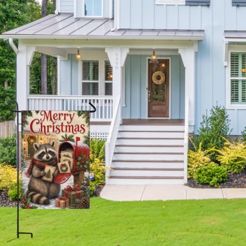 Christmas Raccoon House Flag 28x40 Inch Merry Holiday Mailbox Cards Scarf Gifts Snowy Rustic Farmhouse Outdoor Yard Lawn Porch Double Sided Banner Winter Welcome Decor
