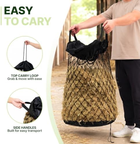 Slow Feed Hay Bag for Horses, Heavy Duty Hay Net for Horses Goats Sheep Donkey, Rigid Quick Fill Collar, 1.7 in Mesh, Waterproof 1000D Armor Bottom, Drain Holes, Stainless Steel Carabiner