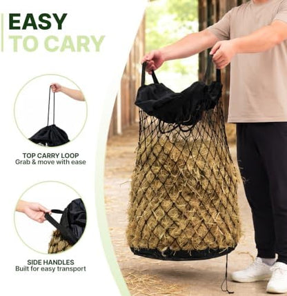 Slow Feed Hay Bag for Horses, Heavy Duty Hay Net for Horses Goats Sheep Donkey, Rigid Quick Fill Collar, 1.7 in Mesh, Waterproof 1000D Armor Bottom, Drain Holes, Stainless Steel Carabiner