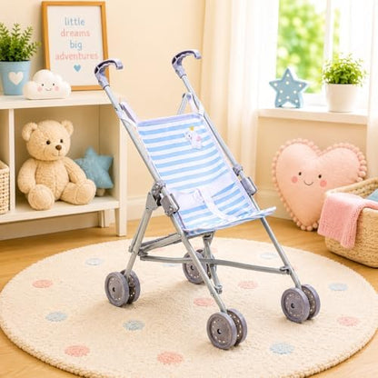 JC Toys Boutique | Folding Umbrella Doll Stroller for Children 2 Years Plus, Blue Stripes and Soft Embroidery | Sturdy Metal Frame | Pretend Play with Dolls up to 18” Long | Seat Belt