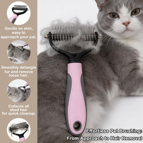 Pet Grooming Brush - Double-Sided Dematting Comb & Deshedding Tool for Dogs and Cats, Effortless Hair Removal, Ideal for Long-Haired Breeds, Reduce Shedding (1, Pink, Large)
