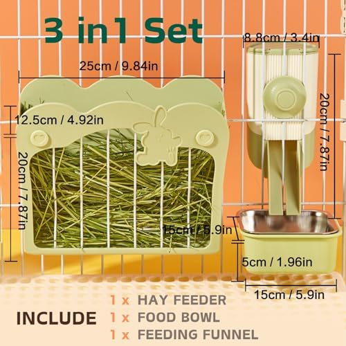 Rabbit Hay Feeder, 3-in-1 Feeding Set with Food Bowl and Hanging Funnel for cage, Hay Rack for Bunny Guinea Pig Chinchilla (Green)