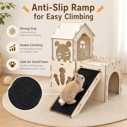 Large Bunny House and Hideouts, Wooden Dual-Layer Rabbit Castle with Stair, Sturdy Habitat for Guinea Pig Chinchilla Ferret (Extra Large-3 House with Anti-Slip Ramp)