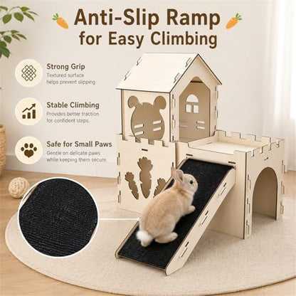 Large Bunny House and Hideouts, Wooden Dual-Layer Rabbit Castle with Stair, Sturdy Habitat for Guinea Pig Chinchilla Ferret (Extra Large-3 House with Anti-Slip Ramp)
