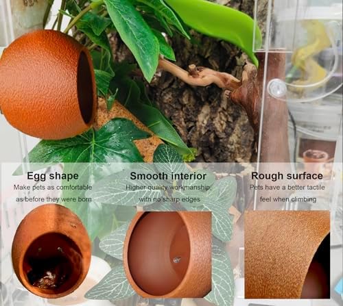 Woyrise Reptile Hide Cave Plastic Egg Shape Hideout, Gecko Hide with Strong Suction Cups Climbing Toys Reptile Shelter Sleeping Cave for Arboreal Reptiles, Frogs, Spiders Terrarium Decor - Brown