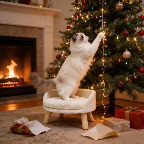 Elevated Dog Bed: Indoor Wooden Dog Chair with Cozy Pad Waterproof - Nordic Doggy Sofa Chair with Sturdy Wood Legs Anti Slip for Small Dogs Cats