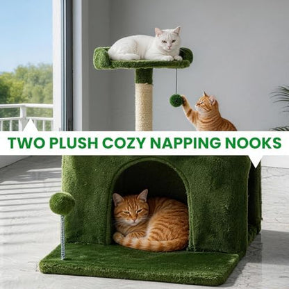 32.8inch Small Cat Tree Tower Condo for Indoor Cats, Soft Plush Multi-Level Climbing Tree Cat House with Cat Cave, Scratching Post, Sisal Rope, Green