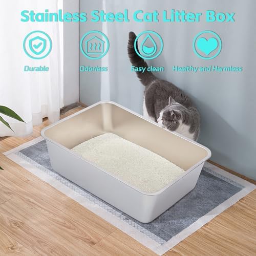 Stainless Steel Litter Box,Metal Litter Box for Big Cats 8IN Deep
