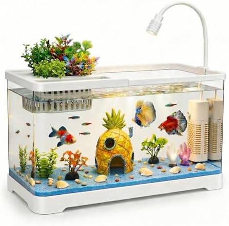 4 Gallon Fish Tank Aquarium Starter Kit with Filter and Light(Medium White)