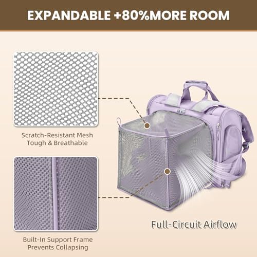 Lollimeow Expandable Cat Carrier Backpack for Large Cats - Airline Approved Pet Carrier Backpack for Small Dogs, Hiking & Travel, Waterproof with Breathable Mesh, 14lbs Capacity (Lavender, Standard)