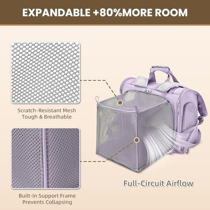 Lollimeow Expandable Cat Carrier Backpack for Large Cats - Airline Approved Pet Carrier Backpack for Small Dogs, Hiking & Travel, Waterproof with Breathable Mesh, 22lbs Capacity (Lavender, Large)