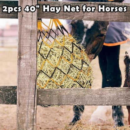 3PCS Hay Net for Horses - Ultra Slow Feed Hay Net with 3 Pairs Gloves, 2.36"x2.36" Holes 40” Horse Slow Feed Hay Nets for Stall, Trailer, Pasture - Heavy-Duty Hanging Feeders (Black & Yellow)