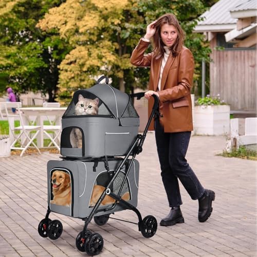 Petmolico Double Pet Stroller with 2 Detachable Carrier Bags, Grey