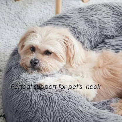 SALAN Calming Dog Bed for Small Dogs & Indoor Cats, 20 Inch Donut Pet Bed, Washable Round Fluffy Plush Faux Fur Cushion with Raised Rim & Anti-Slip Bottom, Soft Cozy Bed Fits Pets Up to 25 lbs (Khaki)