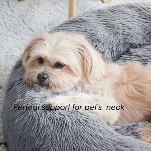 SALAN Calming Dog Bed for Small Dogs & Indoor Cats, 20 Inch Donut Pet Bed, Washable Round Fluffy Plush Faux Fur Cushion with Raised Rim & Anti-Slip Bottom, Soft Cozy Bed Fits Pets Up to 25 lbs (Khaki)