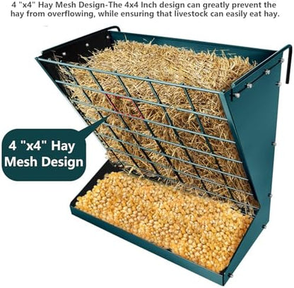 Wall Mount Hay Rack, Metal 2 in 1 Hay and Grain Feeder