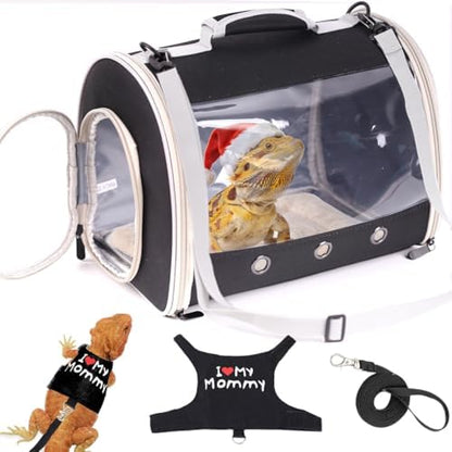 Small Animal Travel Backpack Carrier,Portable Bearded Dragon Bag for Sugar Glider,Hedgehog,Rat,Bunny,Rat,Outdoor Used (Black, Carrier L+ I Leash)