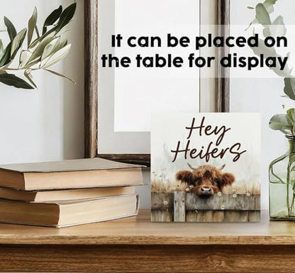 Highland Cow Sign - Farmhouse Western Animal Office Kitchen Bedroom Decor,Rustic Farm Hey Heifers Home Decor Signs,highland Cow Gifts For Women,6x6 Inch