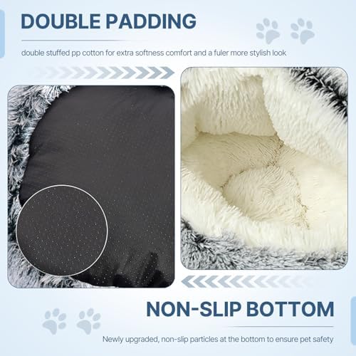 SUOXU Cat Beds for Indoor Cats,Plush Hooded Cat Cave for Puppy Kitty Small Dog Bed,Removable Washable Non-Slip Bottom Self Warming Round Fluffy Faux Fur Super Soft Calming Sleeping Pet Bed(Gray)