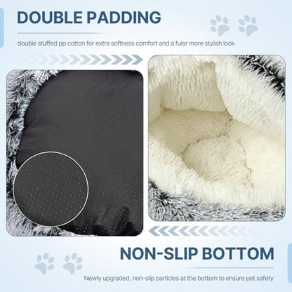 SUOXU Cat Beds for Indoor Cats,Plush Hooded Cat Cave for Puppy Kitty Small Dog Bed,Removable Washable Non-Slip Bottom Self Warming Round Fluffy Faux Fur Super Soft Calming Sleeping Pet Bed(Gray)