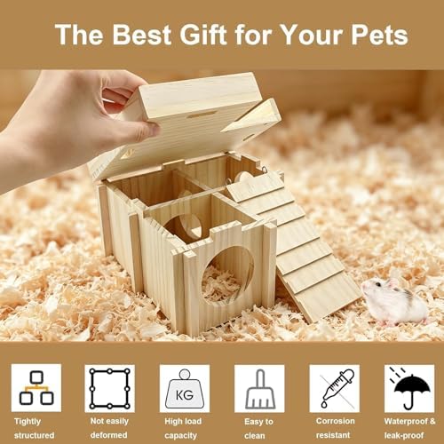 Wooden Hamster Hideout,Dwarf Hamster Hide House with Platform & Bowl & Ladder,Small Hamsters Maze Hut Hides Habitats Decor Cage Accessories for Gerbils,Mice,Mouse