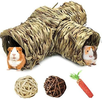 PINVNBY Hamster Grass Tunnel Toy Nature's Hideaway Guinea Pig Tunnels and Tubes Straw Tunnel House with 4 Entrances for Chinchillas Hedgehogs Rats Gerbils (4 PCS)