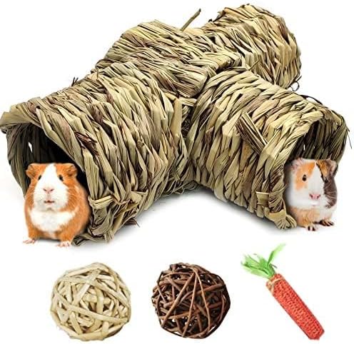 PINVNBY Hamster Grass Tunnel Toy Nature's Hideaway Guinea Pig Tunnels and Tubes Straw Tunnel House with 4 Entrances for Chinchillas Hedgehogs Rats Gerbils (4 PCS)