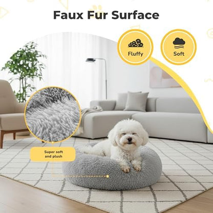 Soft Round Dog & Cat Bed, Anti-Anxiety Donut Cuddler with Anti-Slip Bottom Cozy Fluffy Pet Bed for Medium Large Dogs and Cats, 30inch, Grey
