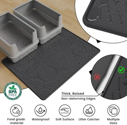 OHMO Cat Litter Mat Large Litter Box Mat, 31.5x23.6 Black, Premium BPA-Free Silicone Rubber Kitty Litter Mat for Litter Box, High Edge Scatter Control Non-Slip Waterproof Litter Trapping Mat