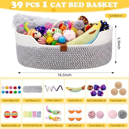 Leitee 40 Pcs Cat Toys with Cat Bed Storage Basket, White,Grey