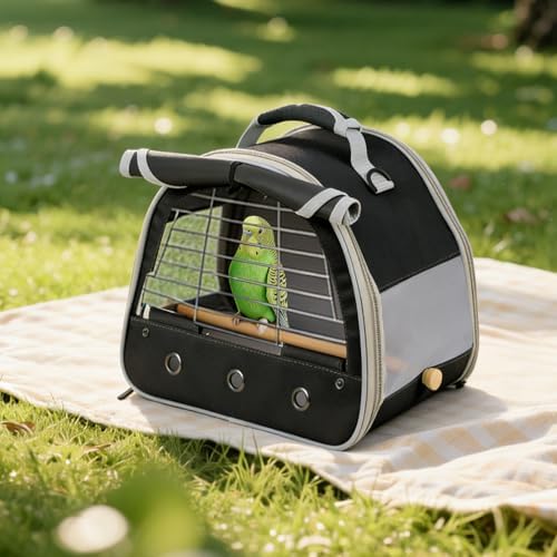 Bird Travel Carrier Cage, with Stainless Steel Metal Window and Wood Perch, Portable Bag for Cockatiel Parakeet Conure Green Cheek Budgie (Black, Steel Window)