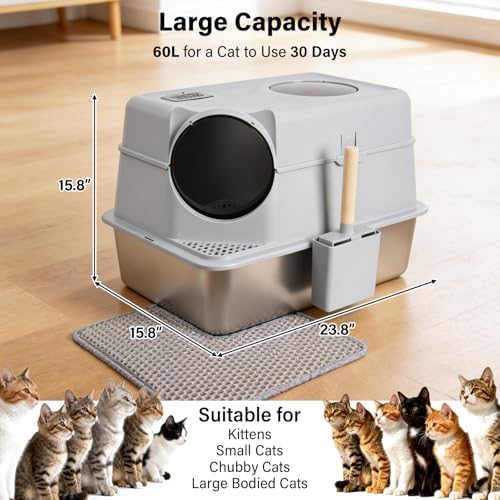 Stainless Steel Litter Box with Lid,XL Large Enclosed Cat Litter Box
