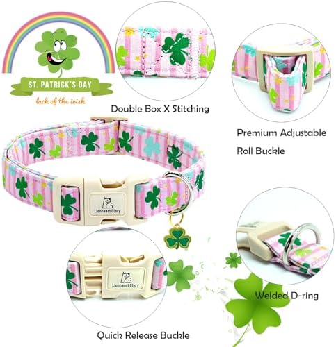 Lionheart glory St. Patrick's Dog Collar-Lucky Clover Shamrock Pink Spring Trefoil Dog Collar for Medium Dogs Adjustable Heavy-Duty Dogs Collars Pet Gift Female